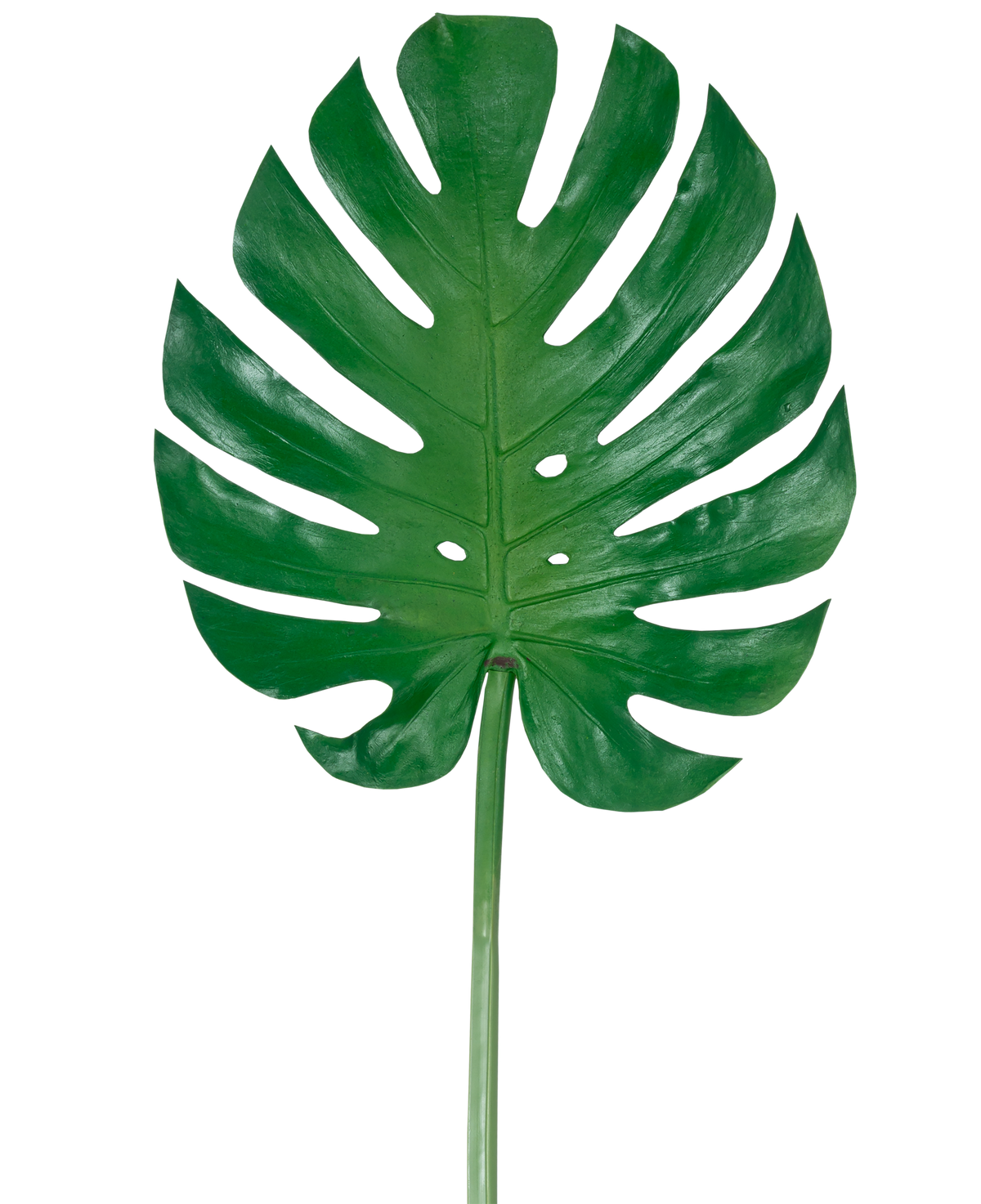 Das künstliche Blatt Monstera 88 cm ist ein großes künstliches grünes Monstera-Blatt mit tiefen Schlitzen und Perforationen vor einem schlichten weißen Hintergrund.