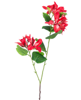 Die Kunstblume Rhododendron 85 cm hellrot ist ein künstlicher Stiel mit grünen Blättern und zwei Büscheln hellroter und weißer Blüten auf weißem Hintergrund.