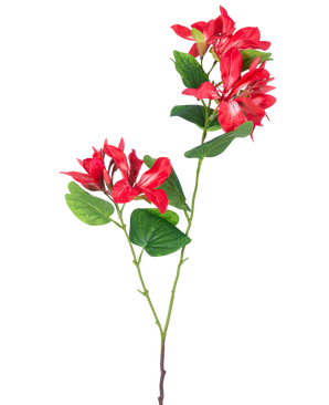 Die Kunstblume Rhododendron 85 cm hellrot ist ein künstlicher Stiel mit grünen Blättern und zwei Büscheln hellroter und weißer Blüten auf weißem Hintergrund.