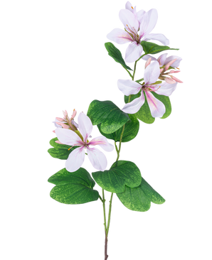Die Kunstblume Rhododendron 85 cm hellrosa hat einen schlanken grünen Stiel mit Büscheln großer, weißer Blüten mit hellrosa Herzen und Adern, akzentuiert durch breite grüne Blätter, vor einem weißen Hintergrund.