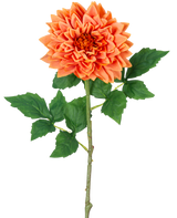 Ein einzelner orangefarbener 70-cm-Stiel von Kunst Georgine Real Touch hat geschichtete orangefarbene Dahlienblätter und grüne Blätter vor einem weißen Hintergrund.