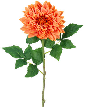 Ein einzelner orangefarbener 70-cm-Stiel von Kunst Georgine Real Touch hat geschichtete orangefarbene Dahlienblätter und grüne Blätter vor einem weißen Hintergrund.