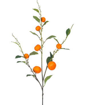 Vor einem schlichten weißen Hintergrund ist ein künstlicher Mandarinenzweig 93 cm orange mit grünen Blättern und einer Reihe reifer, orangefarbener Mandarinen abgebildet.