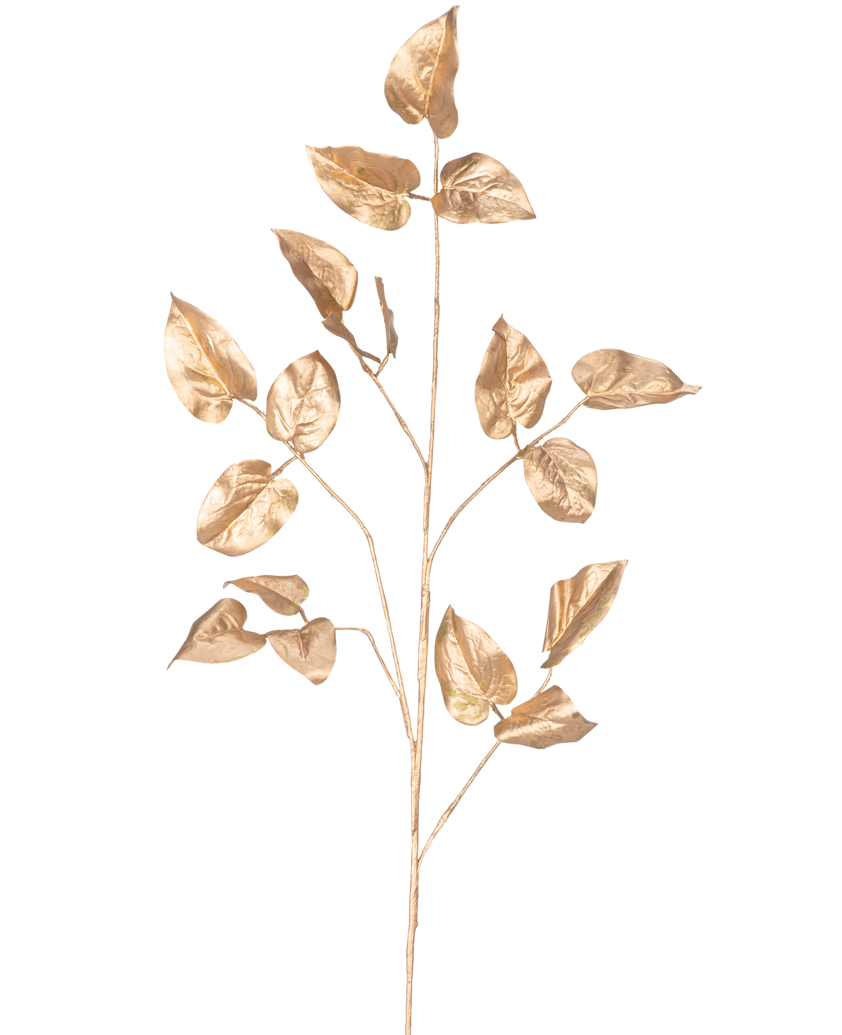 Der Art Branch Salal 95 cm gold hat einen einzelnen goldbemalten Zweig mit mehreren Blättern auf einem schlichten weißen Hintergrund.