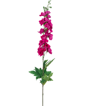 Eine einzelne künstliche Blume Rittersporn Real Touch Pink, 90 cm hoch mit mehreren rosa Blüten entlang des oberen Stiels und grünen Blättern an der Basis, abgebildet auf einem weißen Hintergrund.