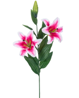 Die künstliche Blumenlilie 85 cm rosa hat zwei blühende rosa und weiße Lilien, eine geschlossene Knospe und eine Reihe langer grüner Blätter, wunderschön vor einem weißen Hintergrund.