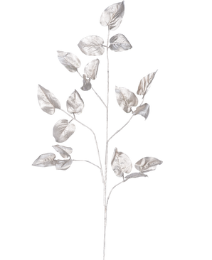 Der Art Branch Salal 90 cm Champagner hat zarte Zweige mit mehreren Stielen und ovalen Blättern in einem glänzenden Champagner-Metallic-Finish vor einem schlichten weißen Hintergrund.