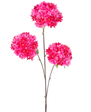 Der künstliche Kirschblütenzweig 85 cm rosa hat einen einzelnen Stiel mit drei Büscheln leuchtend rosa künstlicher Kirschblüten und grünen Blättern auf schlanken braunen Zweigen, isoliert auf weißem Hintergrund.