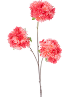 Ein einzelner dünner brauner Stiel der künstlichen Zweig-Kirschblüten-Koralle (85 cm) enthält drei Büschel leuchtend rosa und korallenroter Kirschblüten mit grünen Blättern vor einem schlichten weißen Hintergrund.