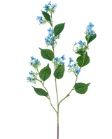 Die künstliche Blumen-Wildhortensie 93 cm blau hat einen einzelnen künstlichen Stiel mit mehreren Zweigen, grünen Blättern und Büscheln kleiner, zarter hellblauer Blüten.