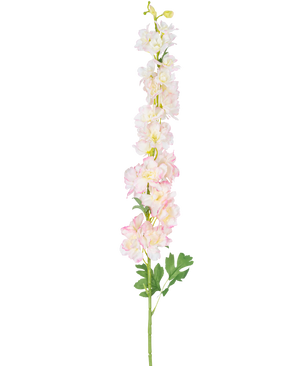 Die künstliche Blume Delphinium 105 cm rosa ist ein einzelner hoher künstlicher Stiel mit hellrosa und weißen Ritterspornblüten mit grünen Blättern, isoliert auf weißem Hintergrund.