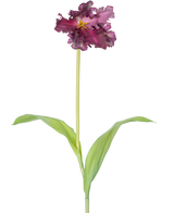 Die künstliche französische Sittich-Tulpe 76 cm lila ist eine einzelne künstliche lila Tulpe mit Rüschen in den Blütenblättern und zwei länglichen grünen Blättern an einem langen Stiel vor einem schlichten weißen Hintergrund.