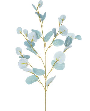 Der künstliche Zweig Eukalyptus 84 cm ist ein einzelner künstlicher Zweig mit mehreren Zweigen und runden, hellblau-grünen Blättern vor einem schlichten weißen Hintergrund.