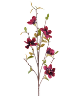 Eine einzelne Kunstblume Magnolie 94 cm, burgunderroter Kunstzweig mit fünf tiefroten Blüten und grünen Blättern, präsentiert vor einem schlichten weißen Hintergrund.