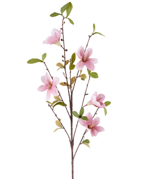 Ein schlanker Kunstblumen-Magnolienzweig von 94 cm in Altrosa mit mehreren rosa Magnolienblüten und grünen Blättern vor einem weißen Hintergrund.