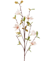 Eine künstliche Magnolienblume von 94 cm, cremefarben/braun, mit mehreren hellrosa Blüten und grünen Blättern an dünnen braunen Stielen, dargestellt vor einem schlichten weißen Hintergrund.