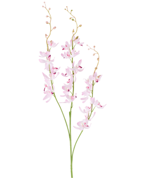 Zwei grüne Stängel mit verzweigten Büscheln aus zarten, hellvioletten Cymbidium-Orchideenblüten und kleinen Knospen auf dünnen, gebogenen Zweigen, abgebildet vor einem schlichten weißen Hintergrund. Bei dem abgebildeten Produkt handelt es sich um die Kunstblume Cymbidium 95 cm lila.