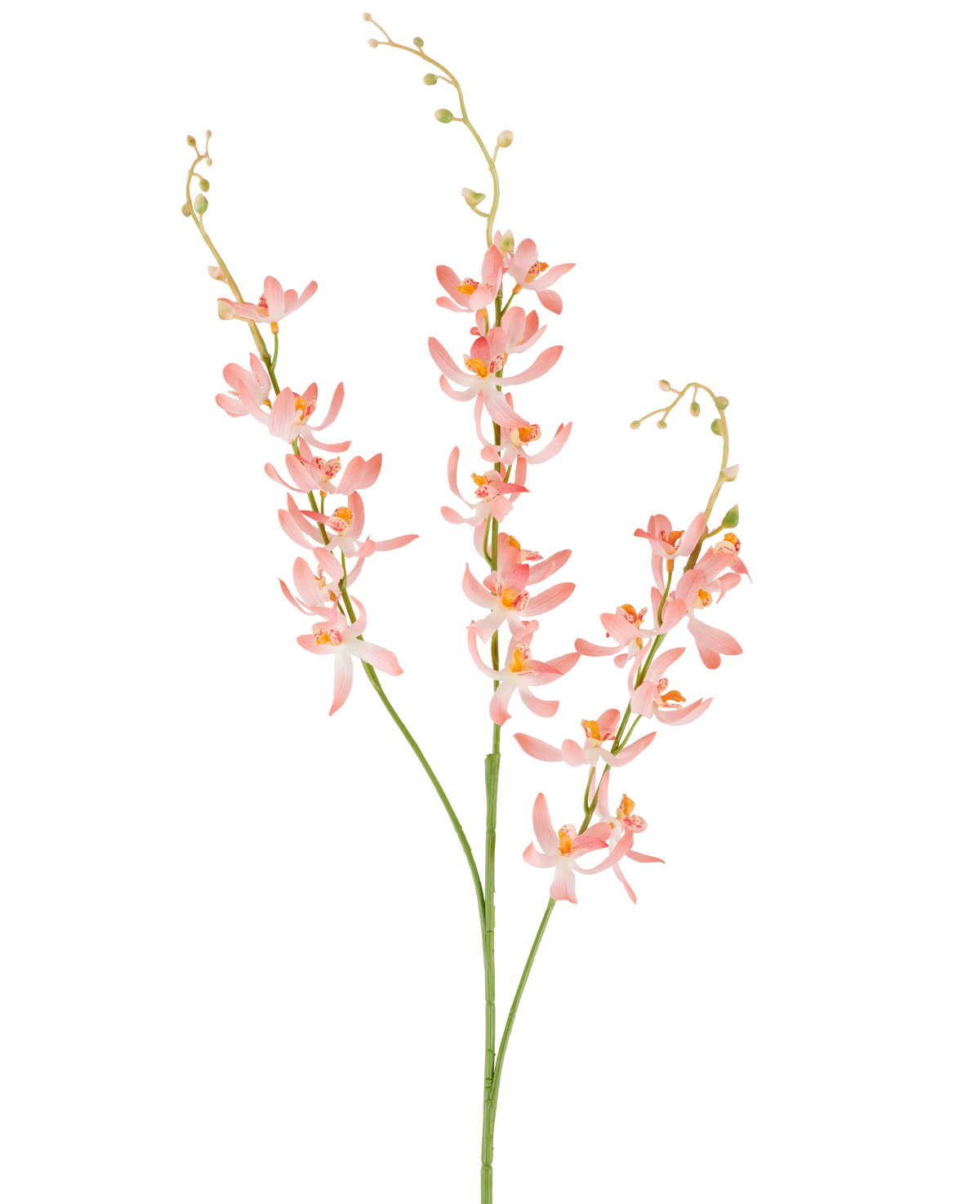 Drei lange grüne Stiele der künstlichen Blume Cymbidium 95 cm, Pfirsich, mit Büscheln zarter pfirsichfarbener Orchideenblüten und kleinen gelben Knospen, vor einem schlichten weißen Hintergrund.