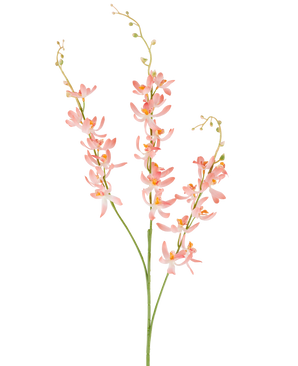 Drei lange grüne Stiele der künstlichen Blume Cymbidium 95 cm, Pfirsich, mit Büscheln zarter pfirsichfarbener Orchideenblüten und kleinen gelben Knospen, vor einem schlichten weißen Hintergrund.