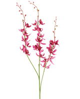 Drei Stängel der künstlichen Cymbidium-Blume von 95 cm in Burgunderrot, mit leuchtenden Blüten und kleinen Knospen, dargestellt vor einem weißen Hintergrund.