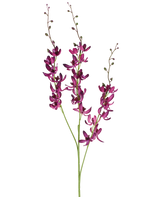 Drei lange Stiele der künstlichen Cymbidium-Blume von 95 cm in leuchtendem Lila, mit kleinen grünen Knospen, vor einem schlichten weißen Hintergrund.