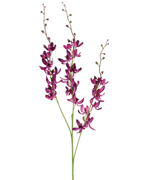 Drei lange Stiele der künstlichen Cymbidium-Blume von 95 cm in leuchtendem Lila, mit kleinen grünen Knospen, vor einem schlichten weißen Hintergrund.