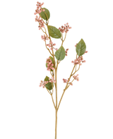 Ein einzelner Stiel der künstlichen Kratzbeerblume, 78 cm hoch in Altrosa, mit grünen Blättern und Büscheln kleiner, runder, rosa Beeren an schlanken braunen Stielen, dargestellt vor einem schlichten weißen Hintergrund.