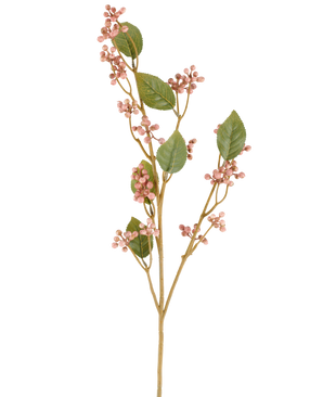 Ein einzelner Stiel der künstlichen Kratzbeerblume, 78 cm hoch in Altrosa, mit grünen Blättern und Büscheln kleiner, runder, rosa Beeren an schlanken braunen Stielen, dargestellt vor einem schlichten weißen Hintergrund.