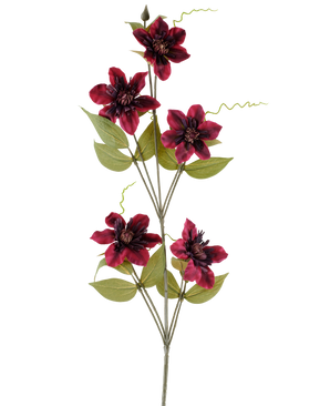 Eine einzelne künstliche Blume Clematis 78 cm Burgund, ein künstlicher Stiel, besteht aus fünf tiefroten, burgunderfarbenen Blüten mit dunkler Mitte, umgeben von grünen Blättern und gekräuselten Ranken, vor einem schlichten weißen Hintergrund.