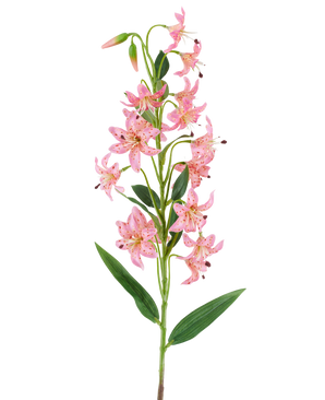 Ein einzelner Stiel der künstlichen Blumenlilie 82 cm in Fuchsia mit leuchtend fuchsiafarbenen Lilienblüten mit dunklen Flecken, grünen Blättern und Knospen vor einem weißen Hintergrund.