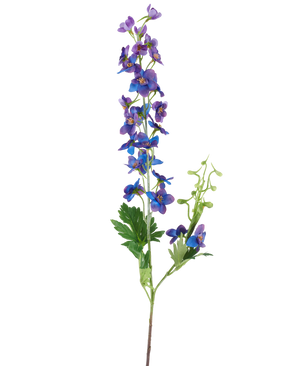 Ein einzelnes hohes künstliches Delphinium mit einer Höhe von 79 cm und einem violetten Stiel mit kleinen, leuchtend violetten und blauen Blüten und grünen Blättern vor einem schlichten weißen Hintergrund.