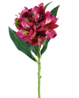 Ein einzelner Stiel der künstlichen Alstroemeria-Blume mit einer Größe von 74 cm in Rot- und Lilatönen, mit lebensechten Blüten und grünen Blättern, isoliert vor einem weißen Hintergrund.