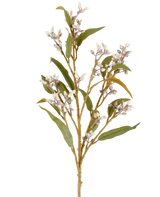 Ein einzelner 78 cm großer Eukalyptus-Kunstblumenstiel in Creme/Braun mit mehreren Zweigen grüner Blätter und kleinen, runden Blütenbüscheln, abgebildet vor einem schlichten weißen Hintergrund.
