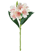 Ein einzelner Stiel der künstlichen Alstroemeria-Blume, 74 cm, hellrosa mit grünen Blättern und drei hellrosa Blüten mit dunkelrosa Sprenkeln, vor einem weißen Hintergrund.
