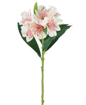 Ein einzelner Stiel der künstlichen Alstroemeria-Blume, 74 cm, hellrosa mit grünen Blättern und drei hellrosa Blüten mit dunkelrosa Sprenkeln, vor einem weißen Hintergrund.