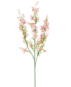 Ein einzelner grüner Stiel mit mehreren Zweigen trägt Büschel kleiner, zarter, blassrosa Kunstblumen-Katzenminze, 75 cm, rosa Blüten und grüne Blätter, abgebildet vor einem schlichten weißen Hintergrund.