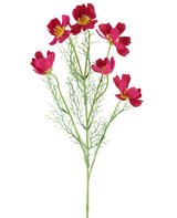 Die künstliche Blume Cosmo 78 cm Fuchsia besteht aus leuchtend fuchsiafarbenen Kosmosblüten mit gelber Mitte und zarten, federleichten grünen Blättern vor einem weißen Hintergrund.