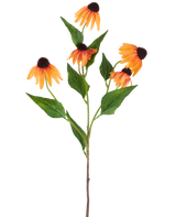 Eine einzelne künstliche Echinacea-Blume von 75 cm, orange, mit fünf leuchtend orangefarbenen Sonnenhutblüten, jeweils mit dunkelbrauner Mitte und umgeben von grünen Blättern, vor einem schlichten weißen Hintergrund.