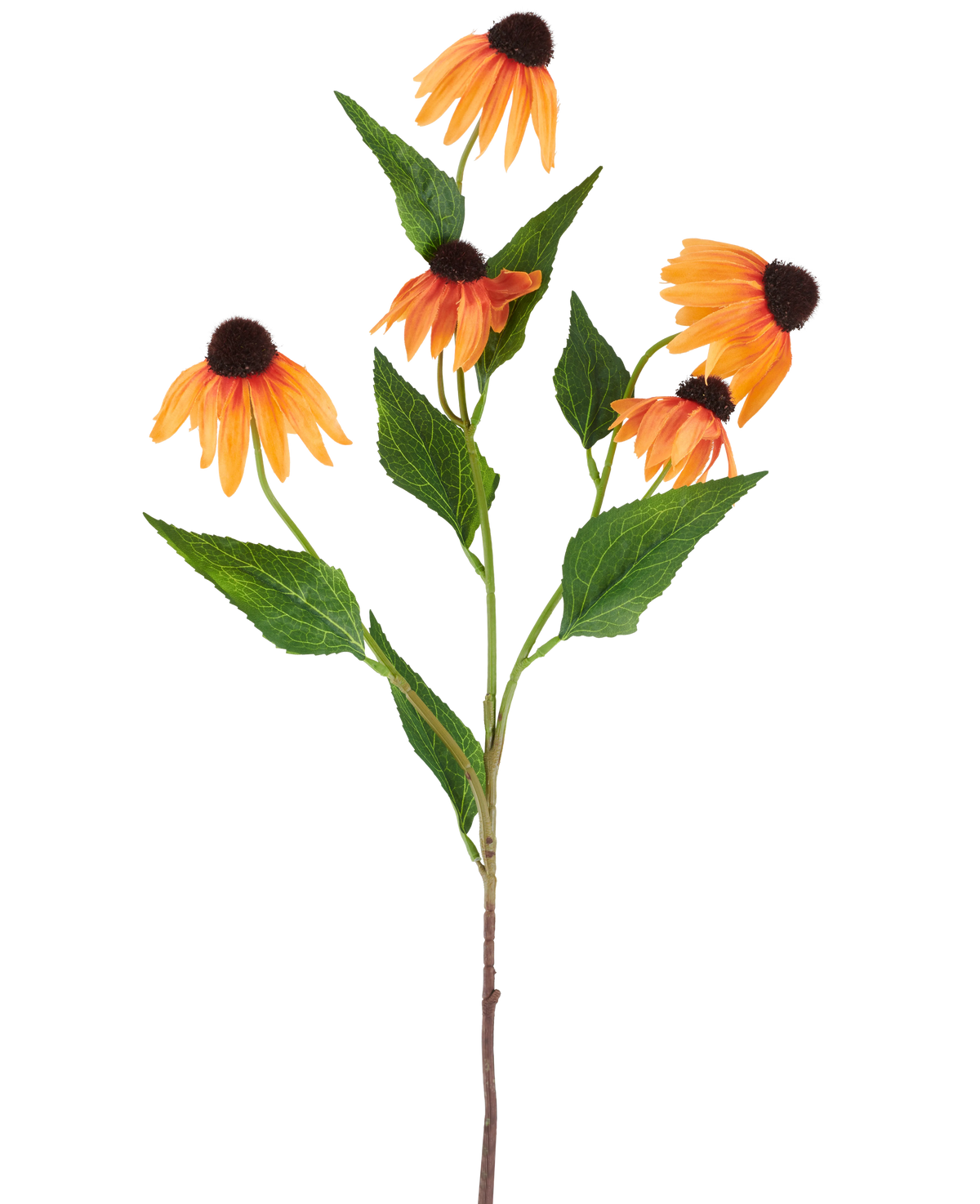 Eine einzelne künstliche Echinacea-Blume von 75 cm, orange, mit fünf leuchtend orangefarbenen Sonnenhutblüten, jeweils mit dunkelbrauner Mitte und umgeben von grünen Blättern, vor einem schlichten weißen Hintergrund.