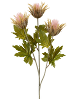 Kunstblume Distel 67 cm altrosa besteht aus drei rosa und goldfarbenen, stacheligen künstlichen Distelblüten mit grünen Blättern an grauen Stielen, dargestellt vor einem weißen Hintergrund.
