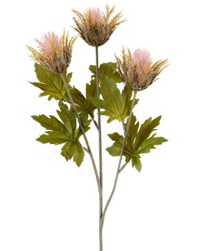 Kunstblume Distel 67 cm altrosa besteht aus drei rosa und goldfarbenen, stacheligen künstlichen Distelblüten mit grünen Blättern an grauen Stielen, dargestellt vor einem weißen Hintergrund.