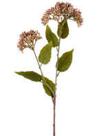 Ein einzelner Stiel der Kunstblume Sedum 67 cm lila hat zwei Büschel kleiner, helllila Blüten und zahlreiche grüne Blätter vor einem weißen Hintergrund.