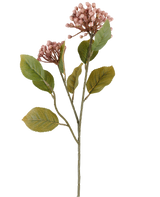 Kunstblume Hortensie 55 cm lila, mit Büscheln kleiner, lila Knospen und grünen Blättern an langen, schlanken braungrünen Stielen, dargestellt auf weißem Hintergrund.