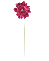 Eine einzelne künstliche Blumen-Mini-Gerbera von 47 cm in Dunkelrosa mit geschichteten Blütenblättern und einem grünen Herzen auf einem langen, schlanken grünen Stiel, isoliert vor einem weißen Hintergrund.
