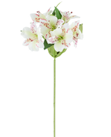 Künstliche Blume Alstroemeria 47 cm cremefarben mit cremefarbenen Blütenblättern und dezenten roten Sprenkeln, ergänzt durch grüne Blätter an einem einzelnen grünen Stiel, dargestellt vor einem weißen Hintergrund.