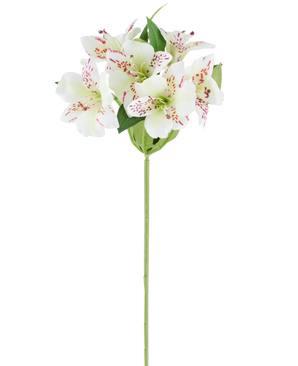 Künstliche Blume Alstroemeria 47 cm cremefarben mit cremefarbenen Blütenblättern und dezenten roten Sprenkeln, ergänzt durch grüne Blätter an einem einzelnen grünen Stiel, dargestellt vor einem weißen Hintergrund.