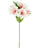 Eine künstliche Alstroemeria-Blume von 47 cm in Rosa/Creme, mit hellrosa und weißen künstlichen Lilien mit grünen Blättern und Stiel, dargestellt auf einem weißen Hintergrund.