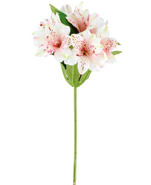 Eine künstliche Alstroemeria-Blume von 47 cm in Rosa/Creme, mit hellrosa und weißen künstlichen Lilien mit grünen Blättern und Stiel, dargestellt auf einem weißen Hintergrund.