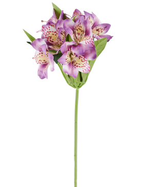 Eine einzelne künstliche Alstroemeria-Blume von 47 cm, lila Farbe, mit mehreren violetten Blüten mit rosa Flecken, grünen Blättern und einem grünen Stiel, fotografiert vor einem weißen Hintergrund.