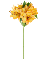 Eine 47 cm große künstliche Alstroemeria-Blume, gelb, mit leuchtend gelb-orange gefleckten Blütenblättern und üppig grünen Blättern an einem einzelnen grünen Stiel, abgebildet vor einem weißen Hintergrund.